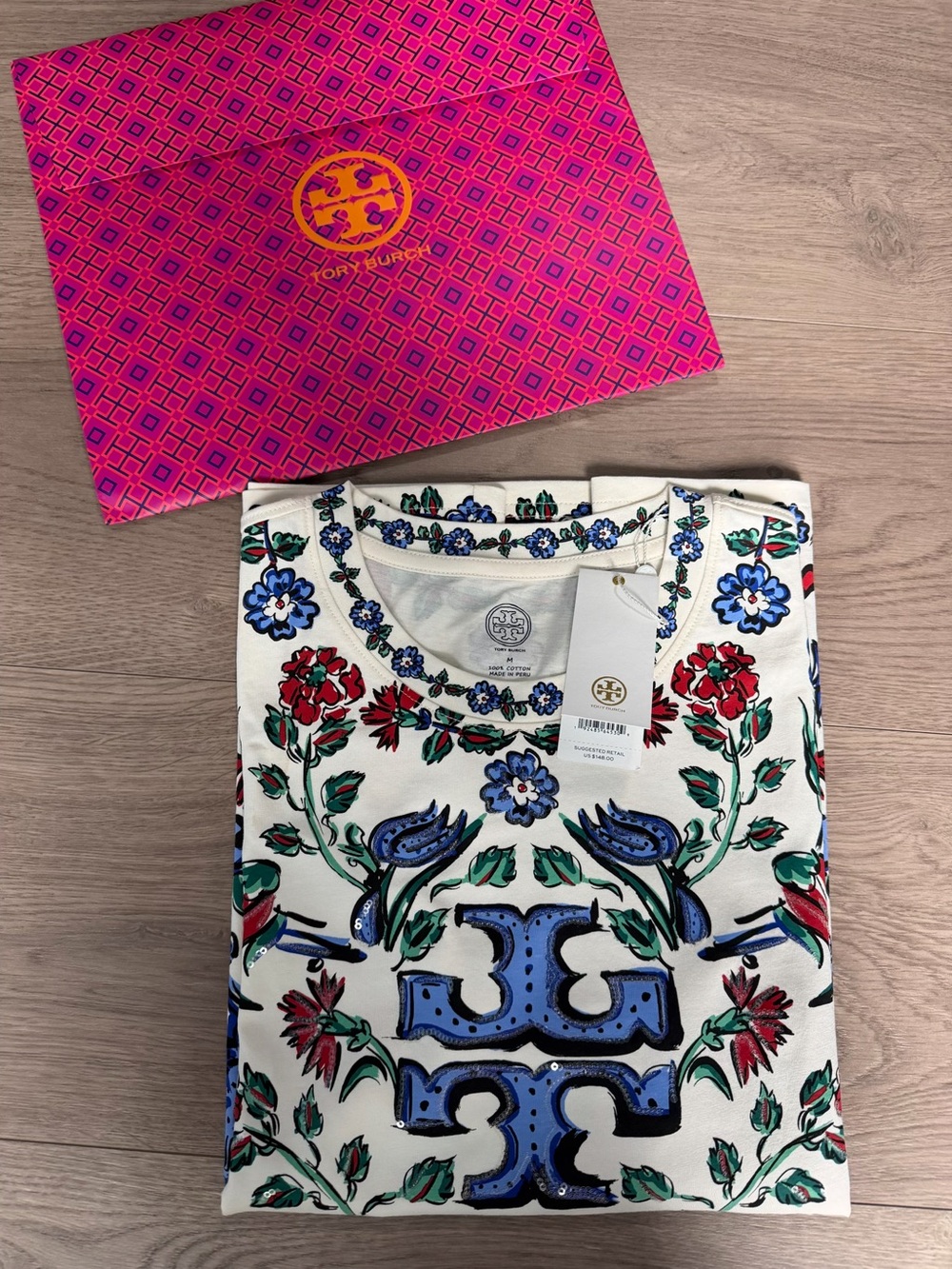Tory Burch Cream Tee with Blue and Red Floral Logo Print